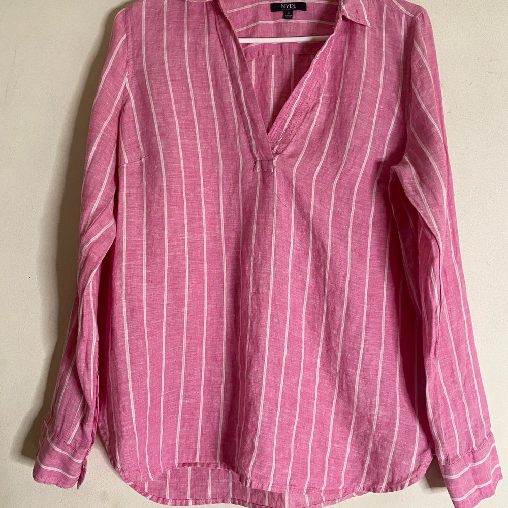 NYDJ pink linen long sleeve popover top size small